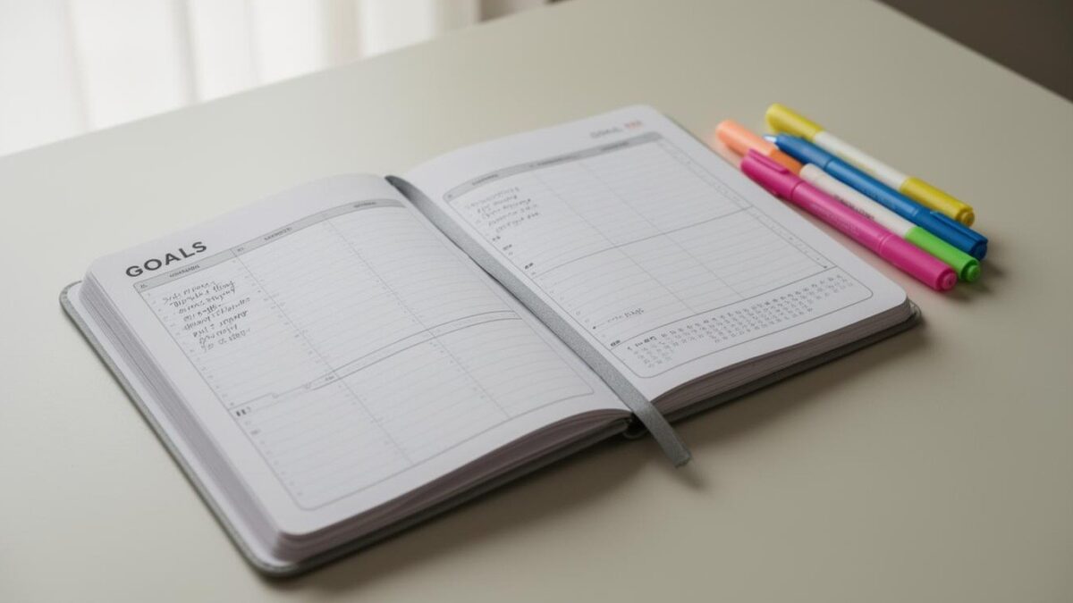A planner open to a goals page with a few colored markers beside it