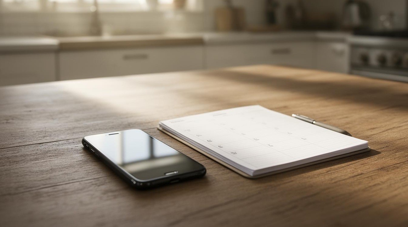 A phone and a paper planner side by side on a kitchen table